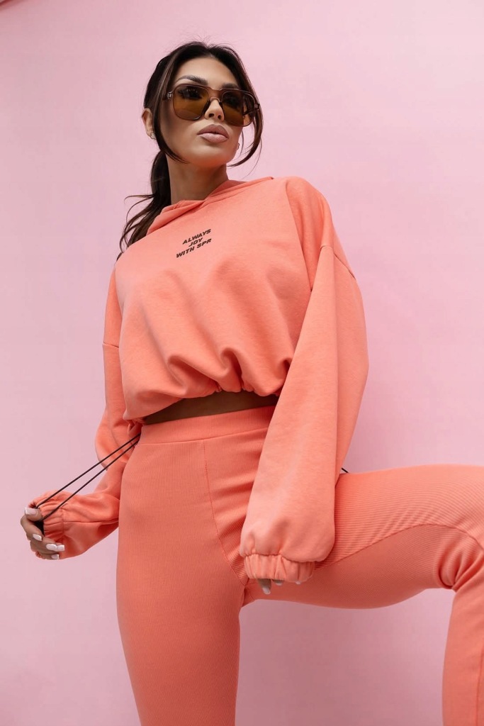 Komplet Dresowy Damski Legginsy Prążek Bluza Ściągacz Koral OneSize - obrazek 4