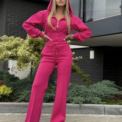 Komplet Dresowy Bluza Rozpinana + Spodnie Wide Leg Fuksjowy