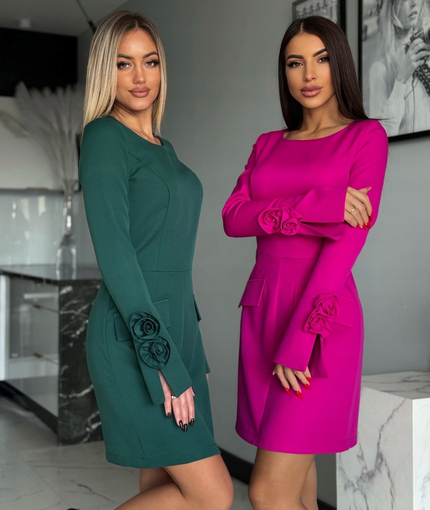 Elegancka Sukienka z Kwiatem 3D przy Rękawie Fuksjowa - obrazek 4