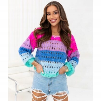 Ażurowy Sweter BOHO w Pasy NOWA KOLEKCJA WIOSNA 2026 Oversize Multi Kolor