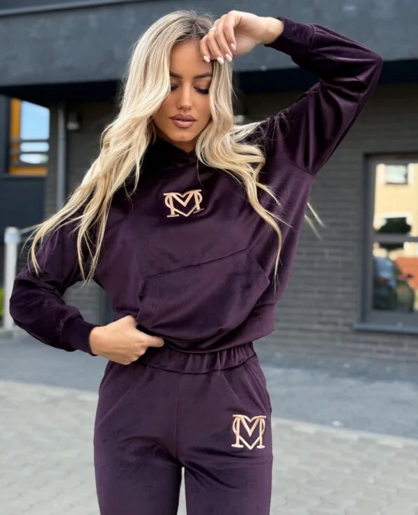 Komplet Dresowy Marina Welurowy Dres Bluza + Spodnie Haft Śliwka M - obrazek 7