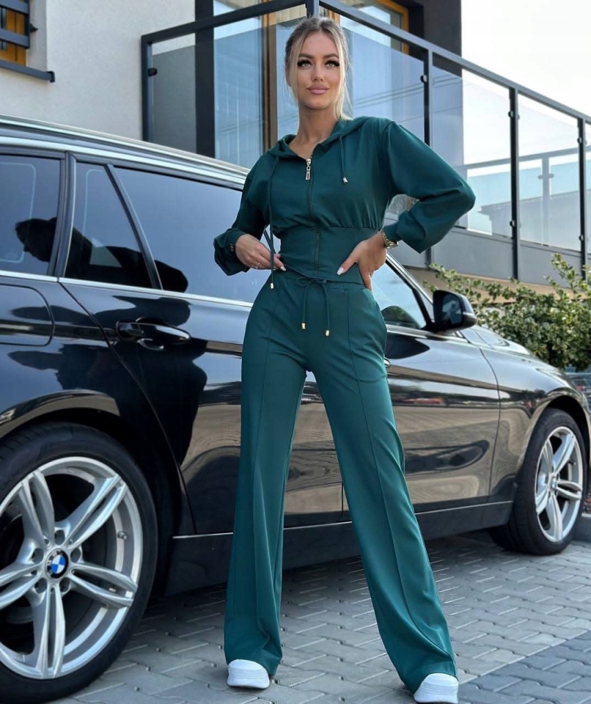 Komplet Dresowy Bluza Rozpinana + Spodnie Wide Leg Butelkowa Zieleń - obrazek 6
