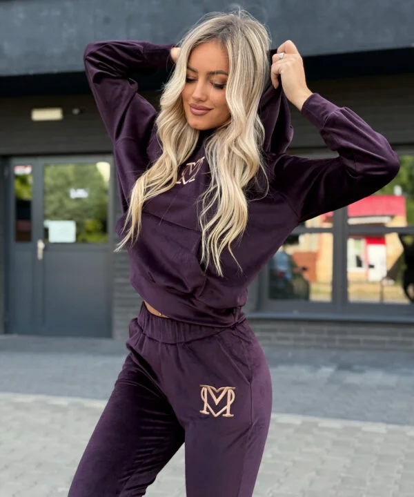Komplet Dresowy Marina Welurowy Dres Bluza + Spodnie Haft Śliwka S - obrazek 8