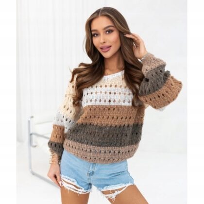 Ażurowy Sweter BOHO w Pasy NOWA KOLEKCJA WIOSNA 2026 Oversize Brąz