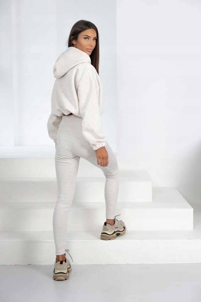 Komplet Dresowy Damski Legginsy Prążek Bluza Ściągacz Szary OneSize - obrazek 2