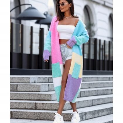 Długi Kardigan Sweter Royal Pastelowy Color Block Wełna Maxi Polski