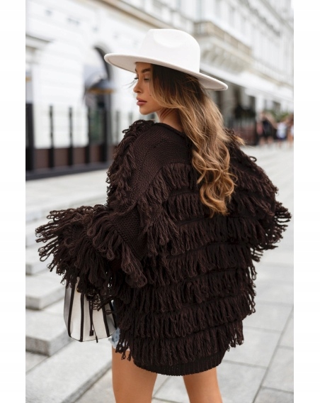 Kardigan Frędzle Boho Oversize Ciepły sweter Polska Jakość czekolada - obrazek 2