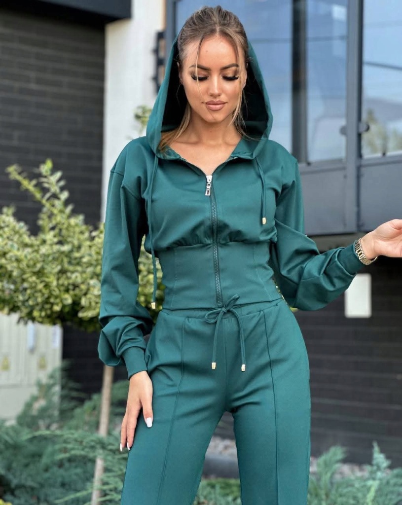 Komplet Dresowy Bluza Rozpinana + Spodnie Wide Leg Butelkowa Zieleń - obrazek 2
