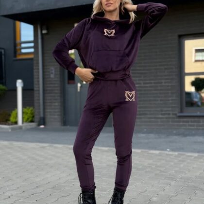 Komplet Dresowy Marina Welurowy Dres Bluza + Spodnie Haft Śliwka M