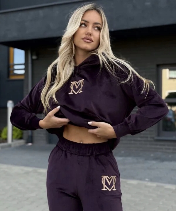 Komplet Dresowy Marina Welurowy Dres Bluza + Spodnie Haft Śliwka M - obrazek 6