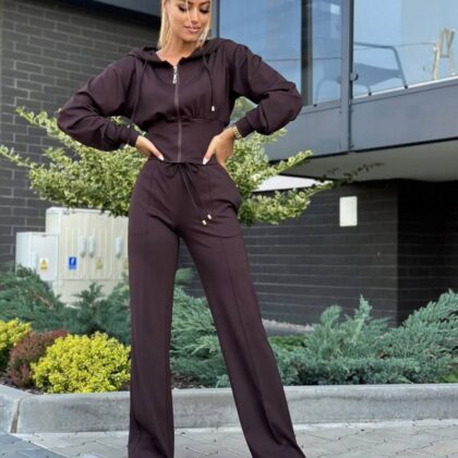 Komplet Dresowy Bluza Rozpinana + Spodnie Wide Leg Czekoladowy