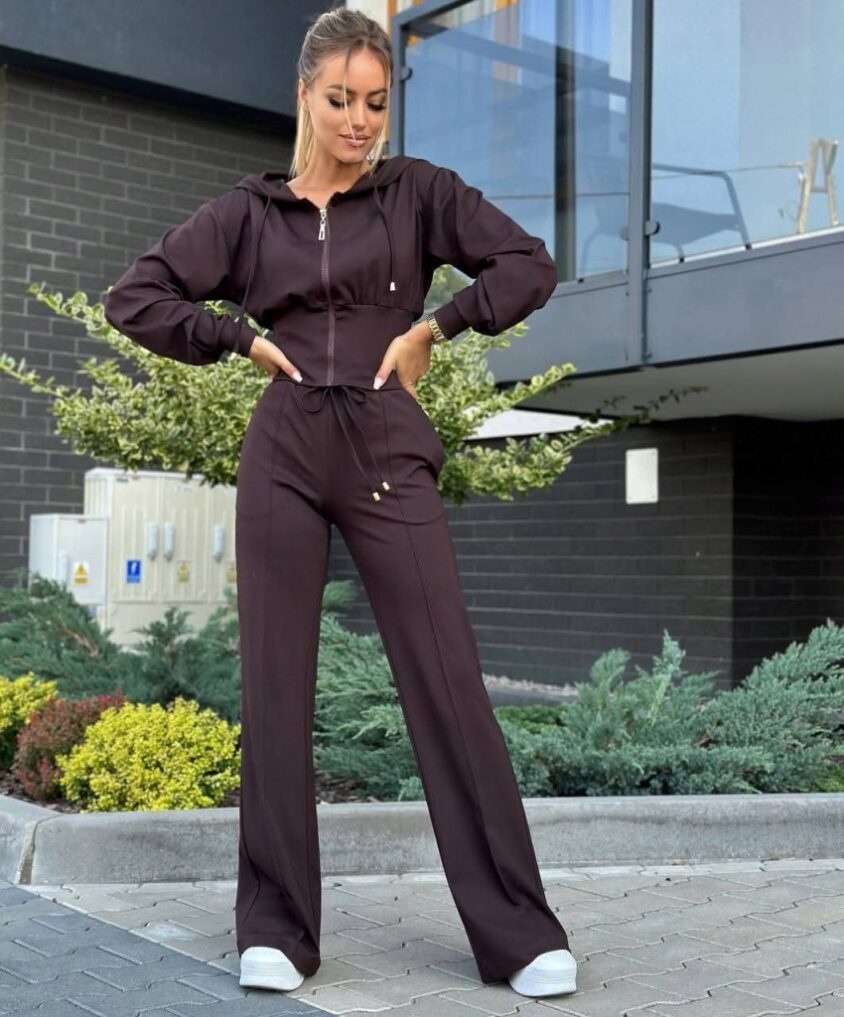 Komplet Dresowy Bluza Rozpinana + Spodnie Wide Leg Czekoladowy
