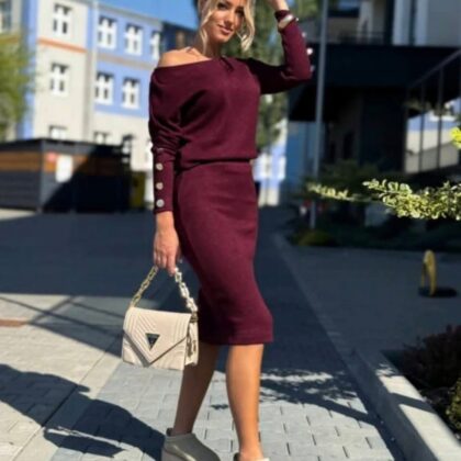 Komplet Dzianinowy Carmen Bluzka + Spódnica Bordowy