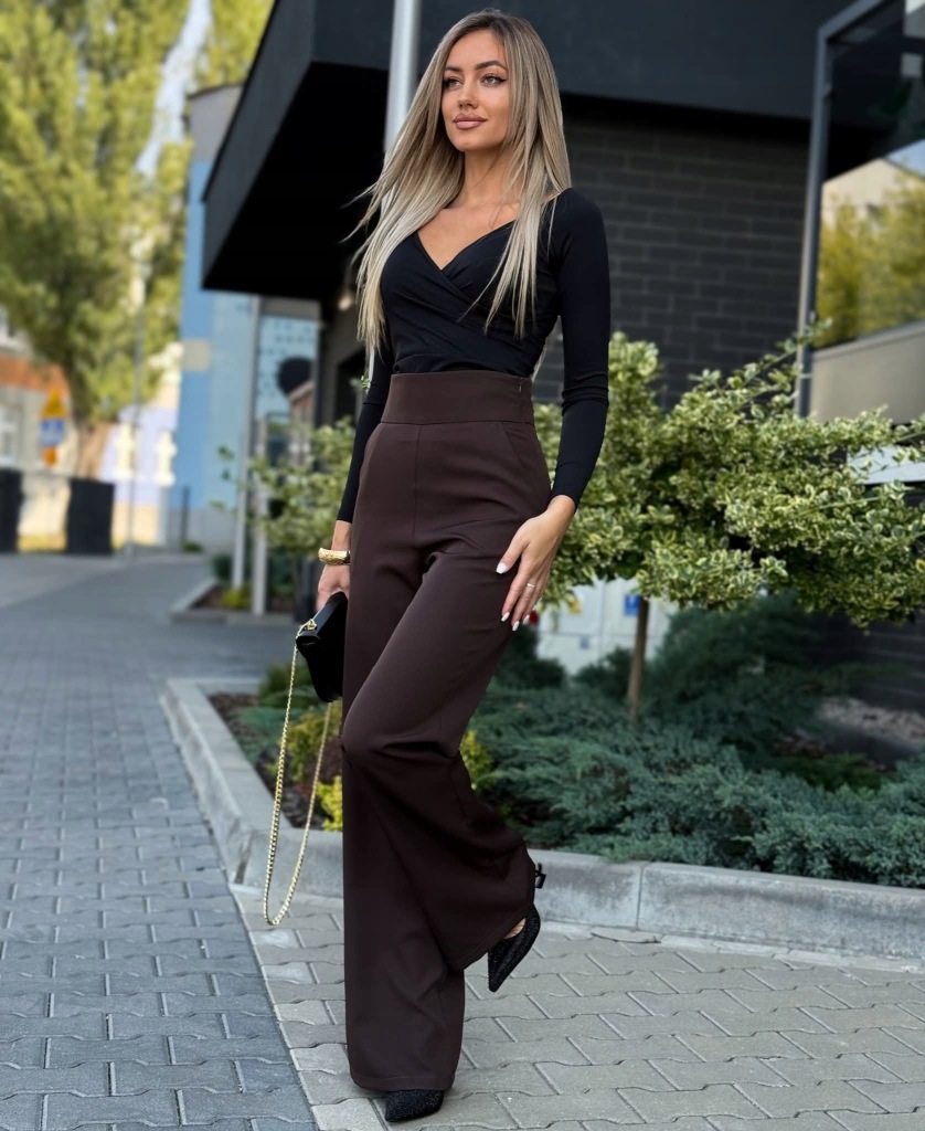 Eleganckie Spodnie Wysoki Stan Szeroka Nogawka Komfort Czekolada S