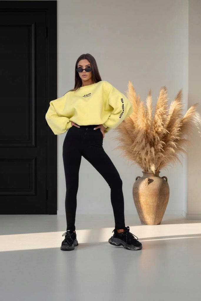 Komplet Dresowy Legginsy Wysoki Stan + Bluza Żółty - obrazek 6