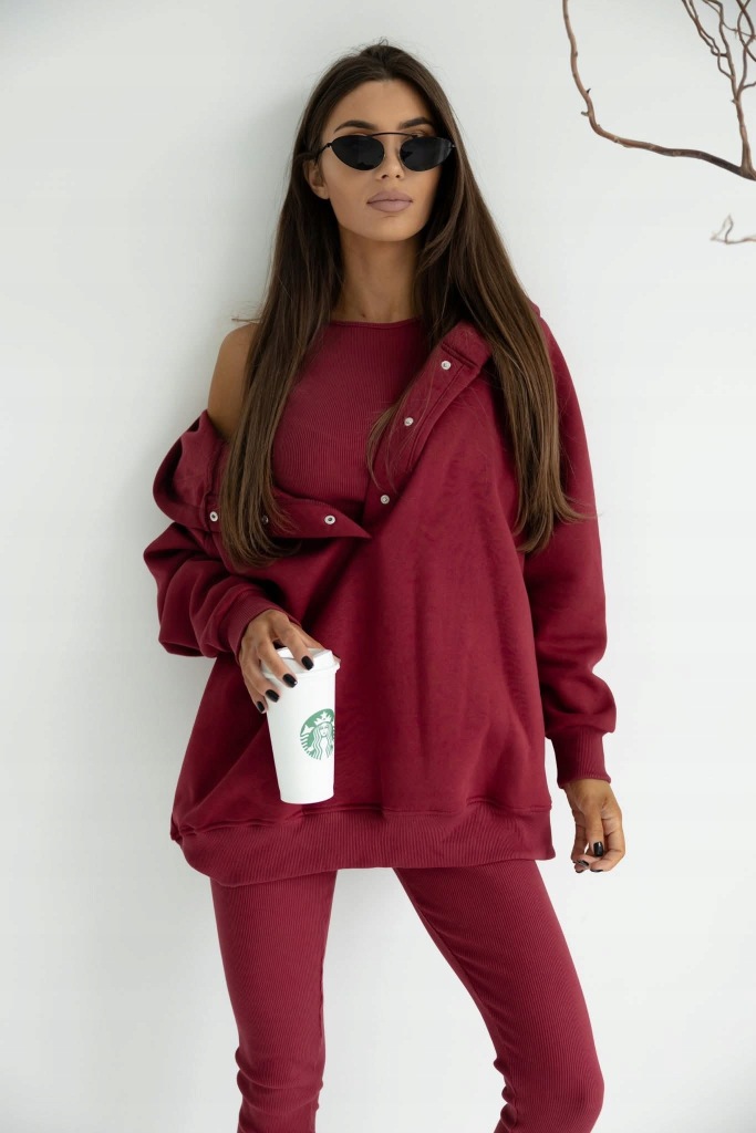 Komplet Dresowy 3 Częściowy Bluza Oversize + Top + Legginsy Prążek Bordowy - obrazek 2