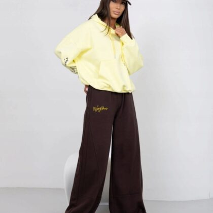 Komplet Dresowy Szerokie Nogawki Wide Leg Bluza Czekolada & Żółty OneSize