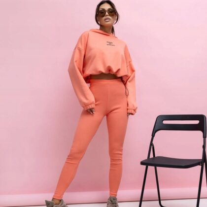 Komplet Dresowy Damski Legginsy Prążek Bluza Ściągacz Koral OneSize