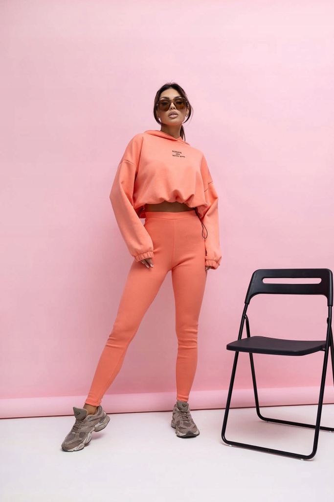Komplet Dresowy Damski Legginsy Prążek Bluza Ściągacz Koral OneSize