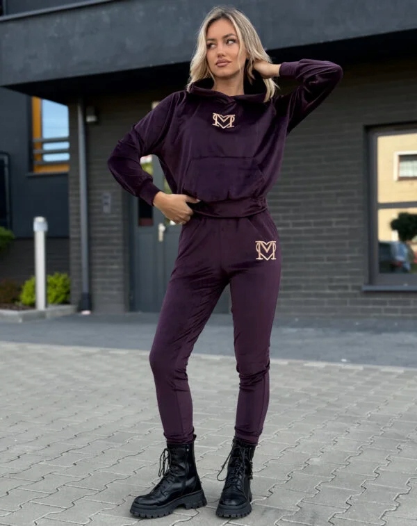 Komplet Dresowy Marina Welurowy Dres Bluza + Spodnie Haft Śliwka S