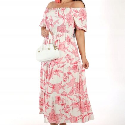 Włoska Sukienka Maxi Hiszpanka w Kwiaty Boho Made in Italy Letnia Blady Róż