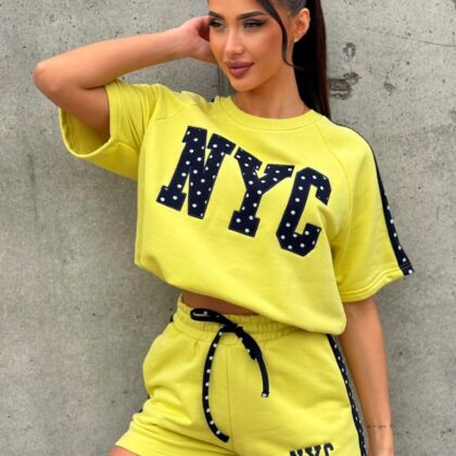 Komplet Dresowy Damski Oversize Naszywka NYC Żółty