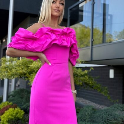 Sexy Sukienka Hiszpanka Falbany z Piórkami Fuksjowa