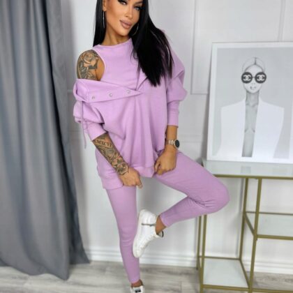 Komplet Dresowy 3 Częściowy Bluza Oversize + Top + Legginsy Prążek Lila