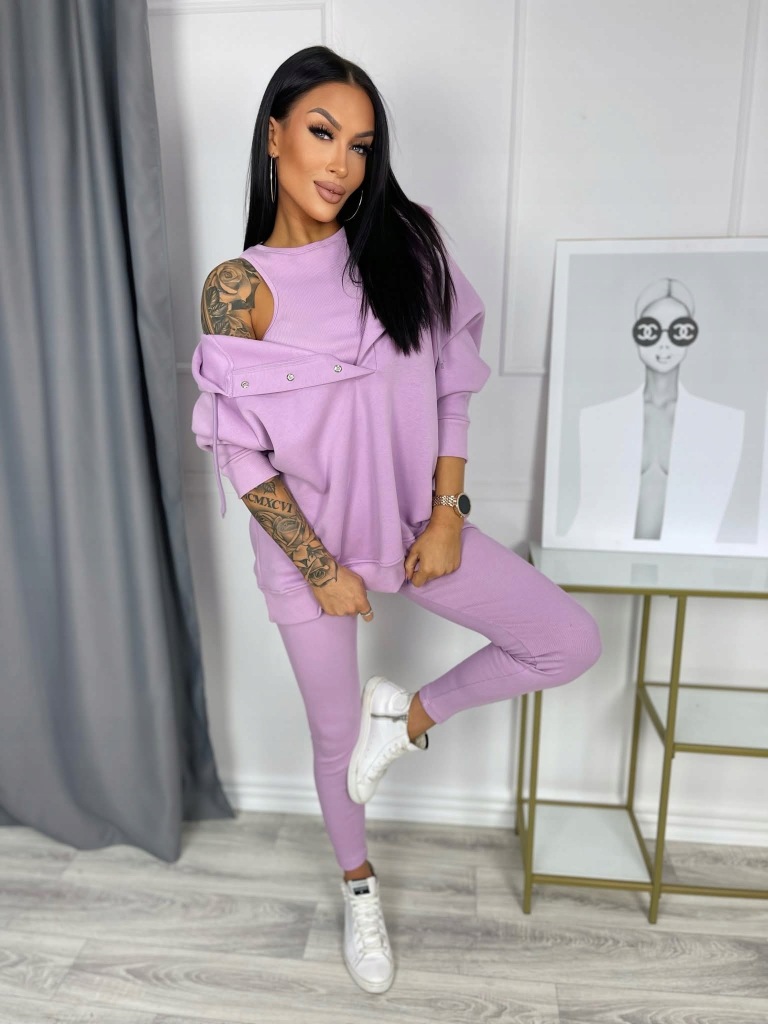 Komplet Dresowy 3 Częściowy Bluza Oversize + Top + Legginsy Prążek Lila