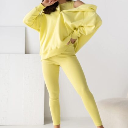 Komplet Dresowy 3 Częściowy Bluza Oversize + Top + Legginsy Prążek Żółty