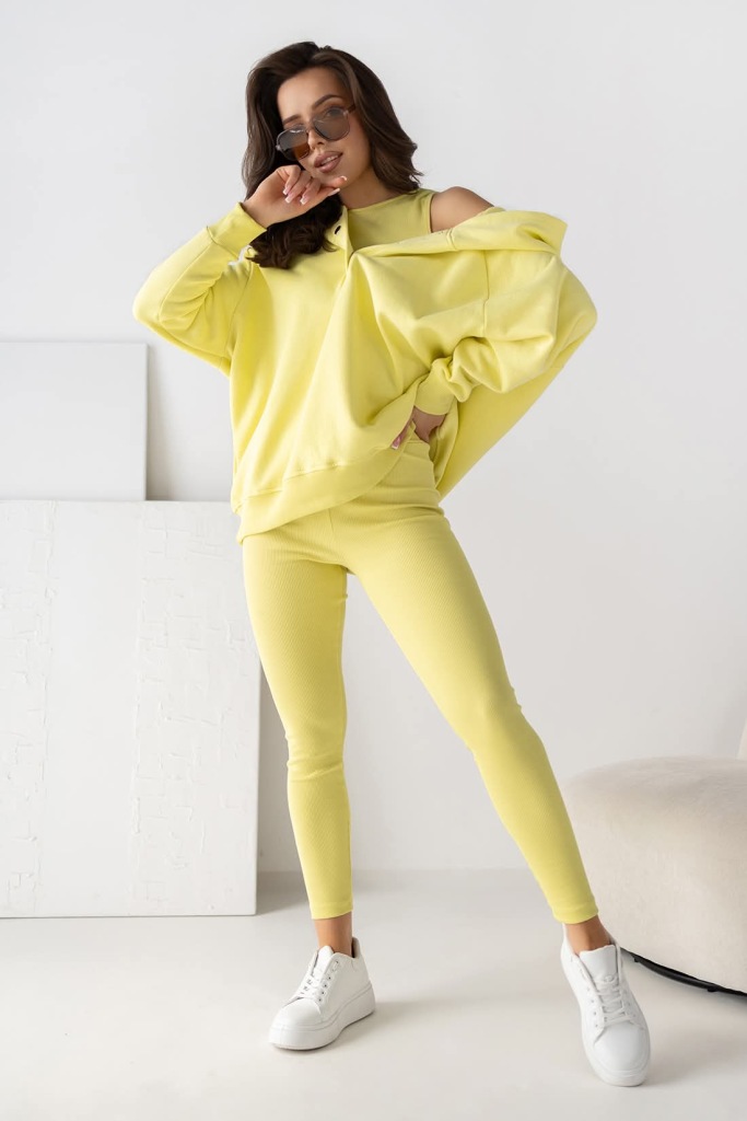 Komplet Dresowy 3 Częściowy Bluza Oversize + Top + Legginsy Prążek Żółty