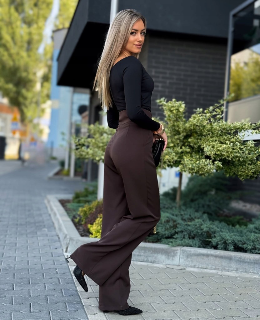 Eleganckie Spodnie Wysoki Stan Szeroka Nogawka Komfort Czekolada S - obrazek 2