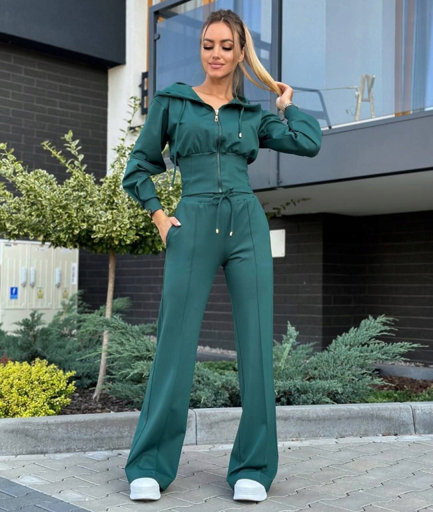 Komplet Dresowy Bluza Rozpinana + Spodnie Wide Leg Butelkowa Zieleń - obrazek 3