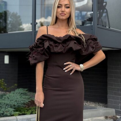 Sexy Sukienka Hiszpanka Falbany z Piórkami Czekoladowa