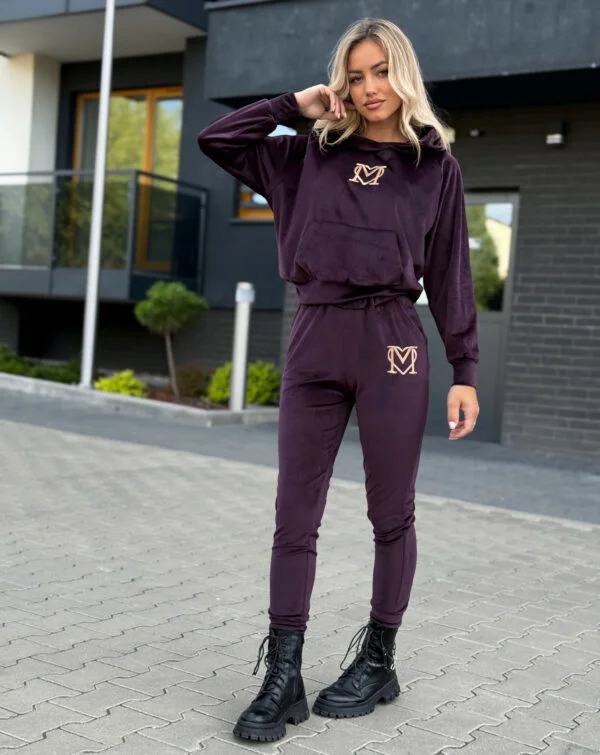 Komplet Dresowy Marina Welurowy Dres Bluza + Spodnie Haft Śliwka M - obrazek 3