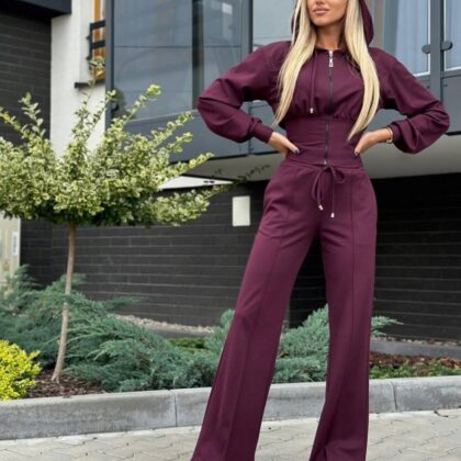 Komplet Dresowy Bluza Rozpinana + Spodnie Wide Leg Bordowy