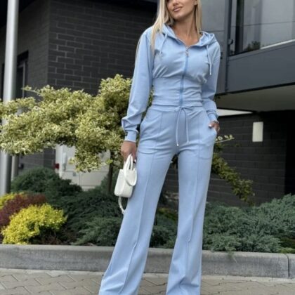 Komplet Dresowy Bluza Rozpinana + Spodnie Wide Leg Błękitny