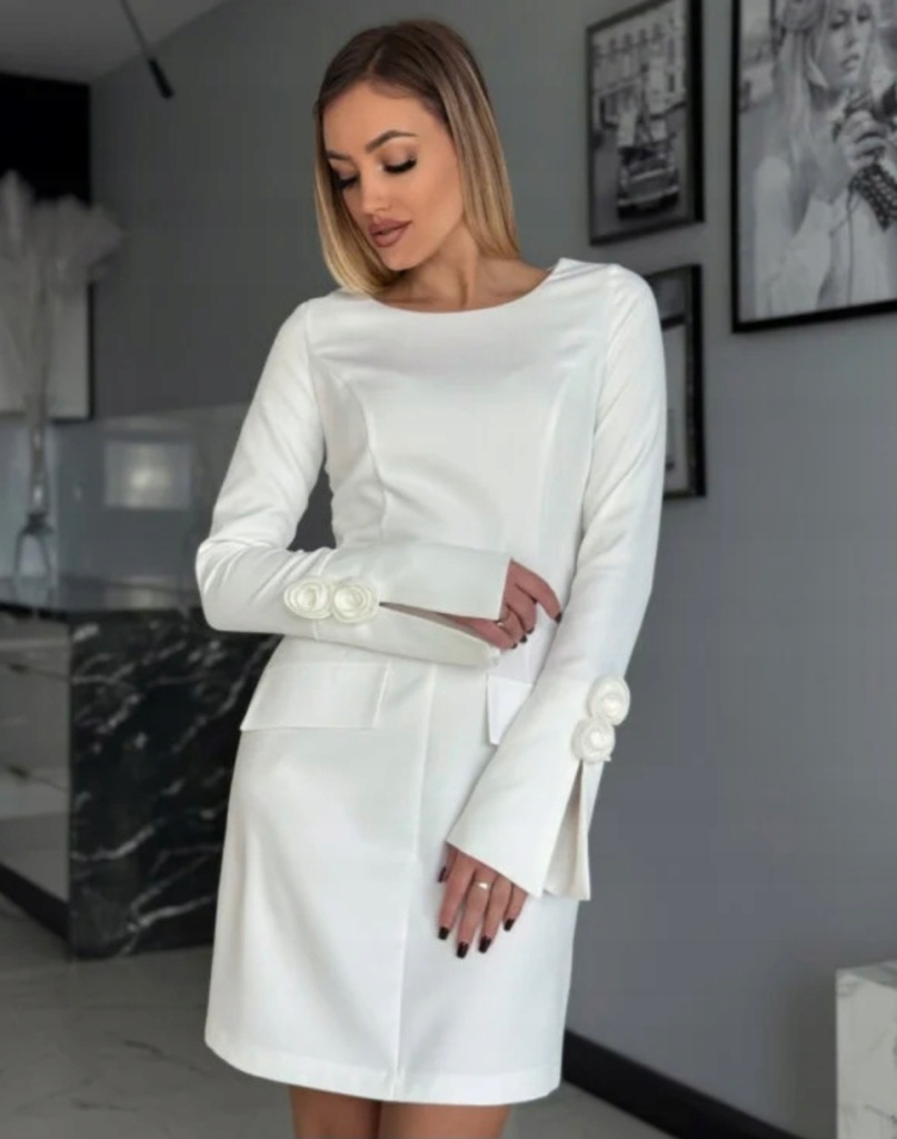 Elegancka Sukienka z Kwiatem 3D przy Rękawie Biała - obrazek 6