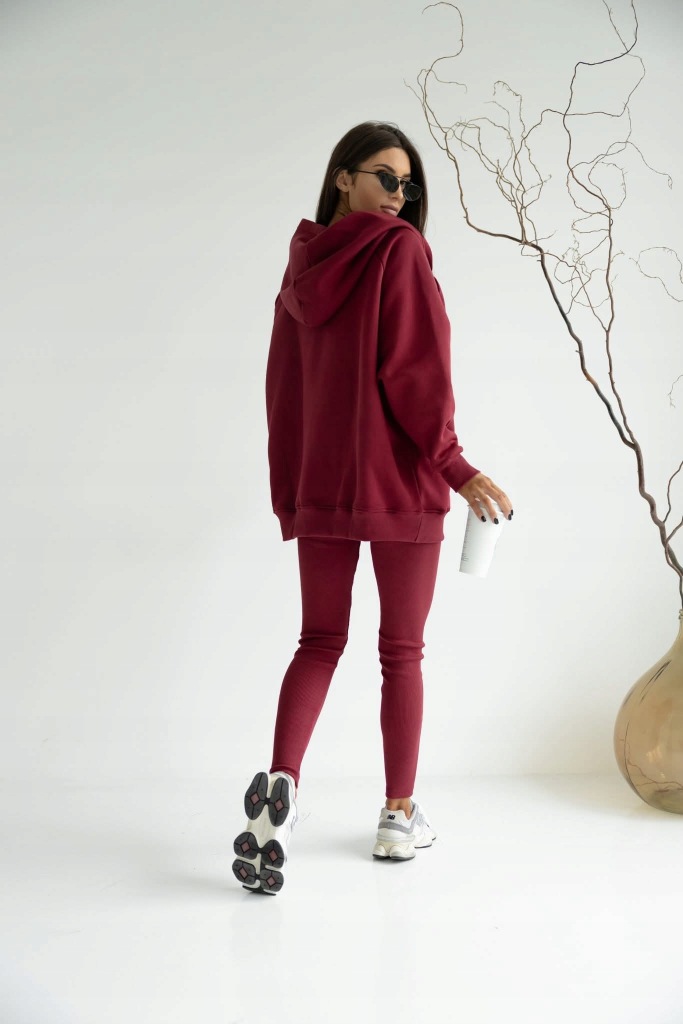 Komplet Dresowy 3 Częściowy Bluza Oversize + Top + Legginsy Prążek Bordowy - obrazek 3