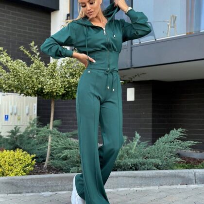 Komplet Dresowy Bluza Rozpinana + Spodnie Wide Leg Butelkowa Zieleń