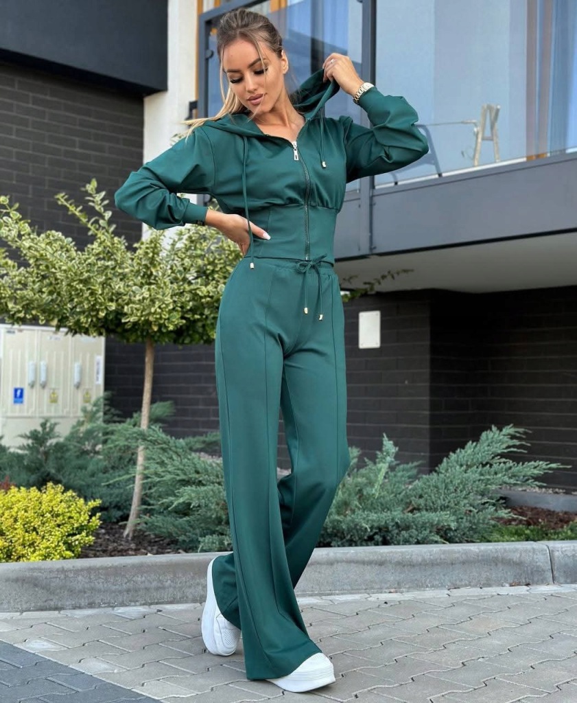 Komplet Dresowy Bluza Rozpinana + Spodnie Wide Leg Butelkowa Zieleń