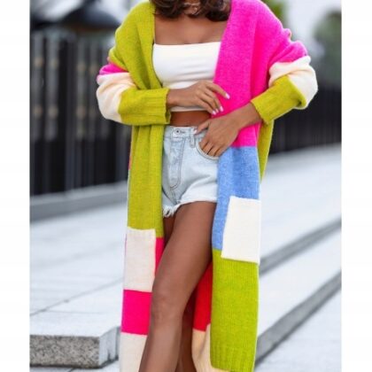 Długi Kardigan Sweter Royal Color Block Wełna Maxi Polski Kieszenie