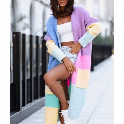 Długi Kardigan Sweter Royal Pastelowy Color Block Wełna Maxi Polski
