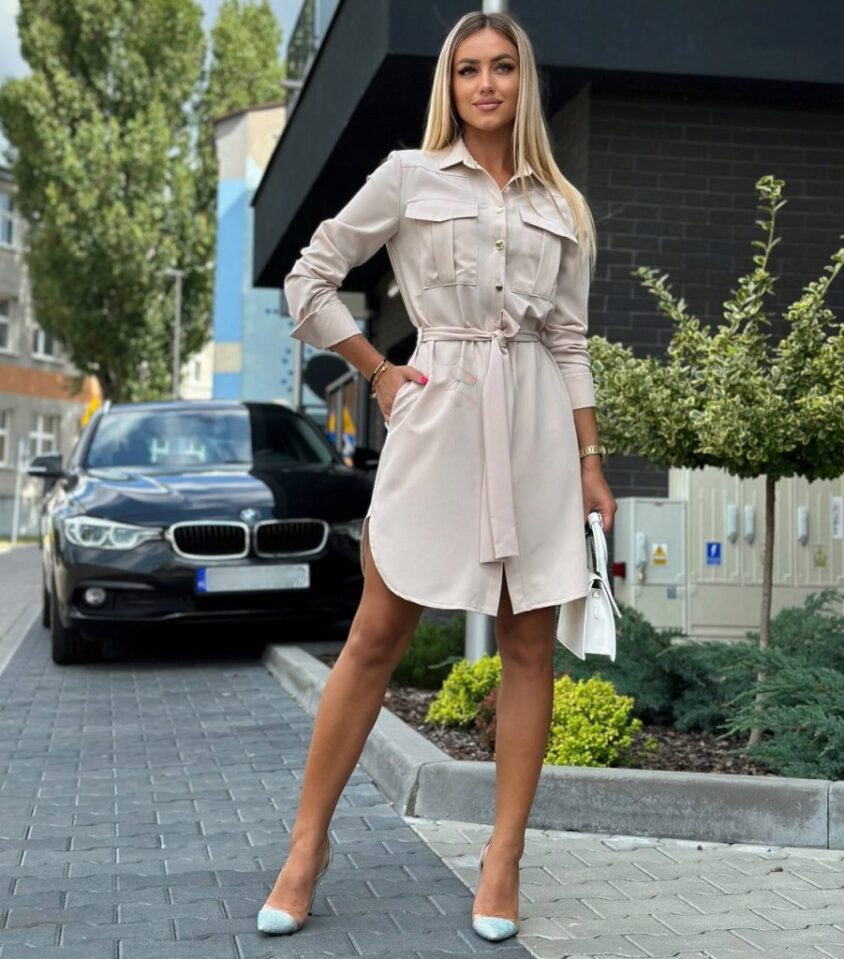 Sukienka Koszulowa Szmizjerka z Paskiem Beżowa