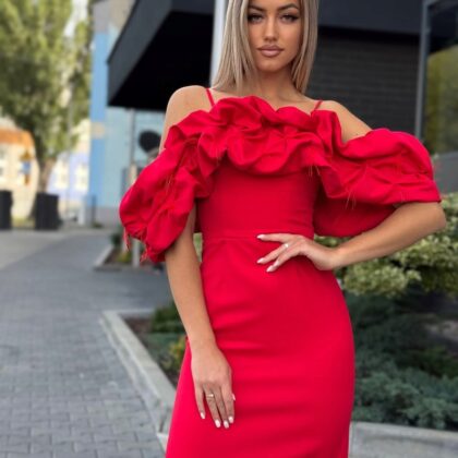 Sexy Sukienka Hiszpanka Falbany z Piórkami Czerwona