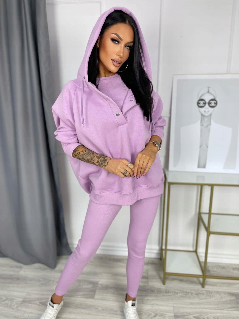 Komplet Dresowy 3 Częściowy Bluza Oversize + Top + Legginsy Prążek Lila - obrazek 2