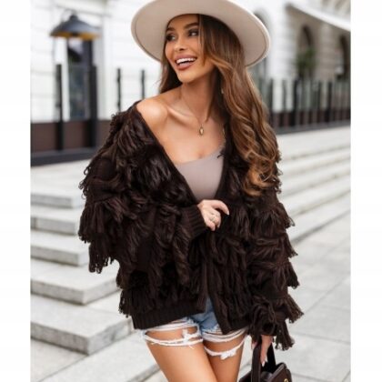 Kardigan Frędzle Boho Oversize Ciepły sweter Polska Jakość czekolada