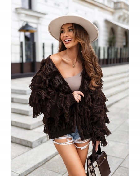 Kardigan Frędzle Boho Oversize Ciepły sweter Polska Jakość czekolada