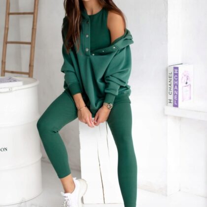 Komplet Dresowy 3 Częściowy Bluza Oversize + Top + Legginsy Prążek Butelkowa Zieleń