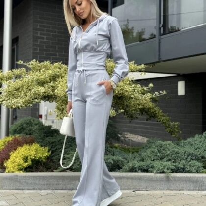 Komplet Dresowy Bluza Rozpinana + Spodnie Wide Leg Szary